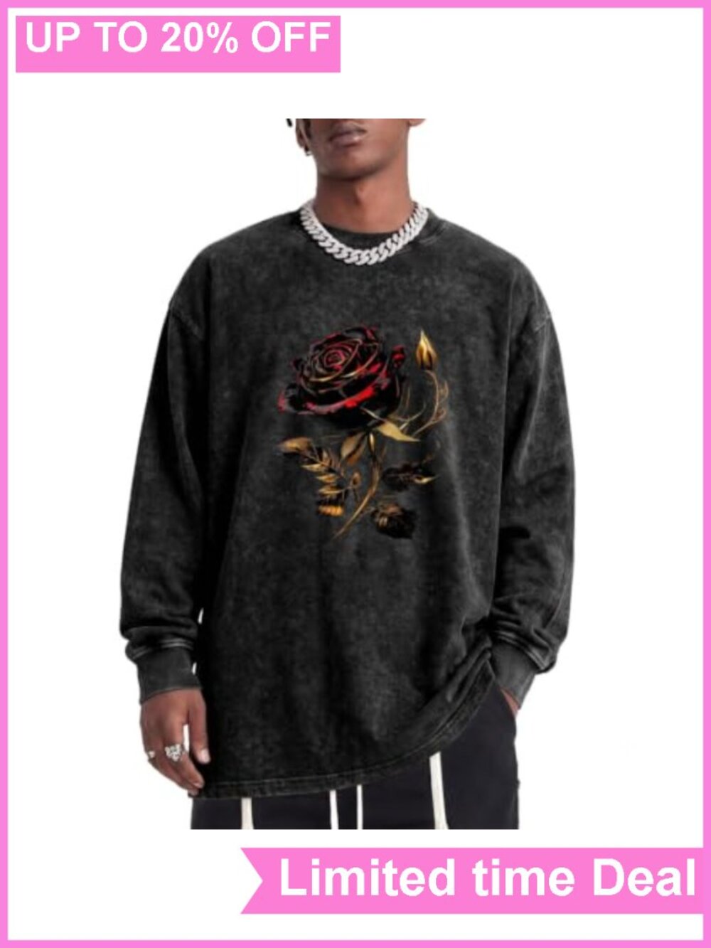 Men's Gothic Rose Graphic Long Sleeve T-Shirt Vintage Streetwear Grunge Tee